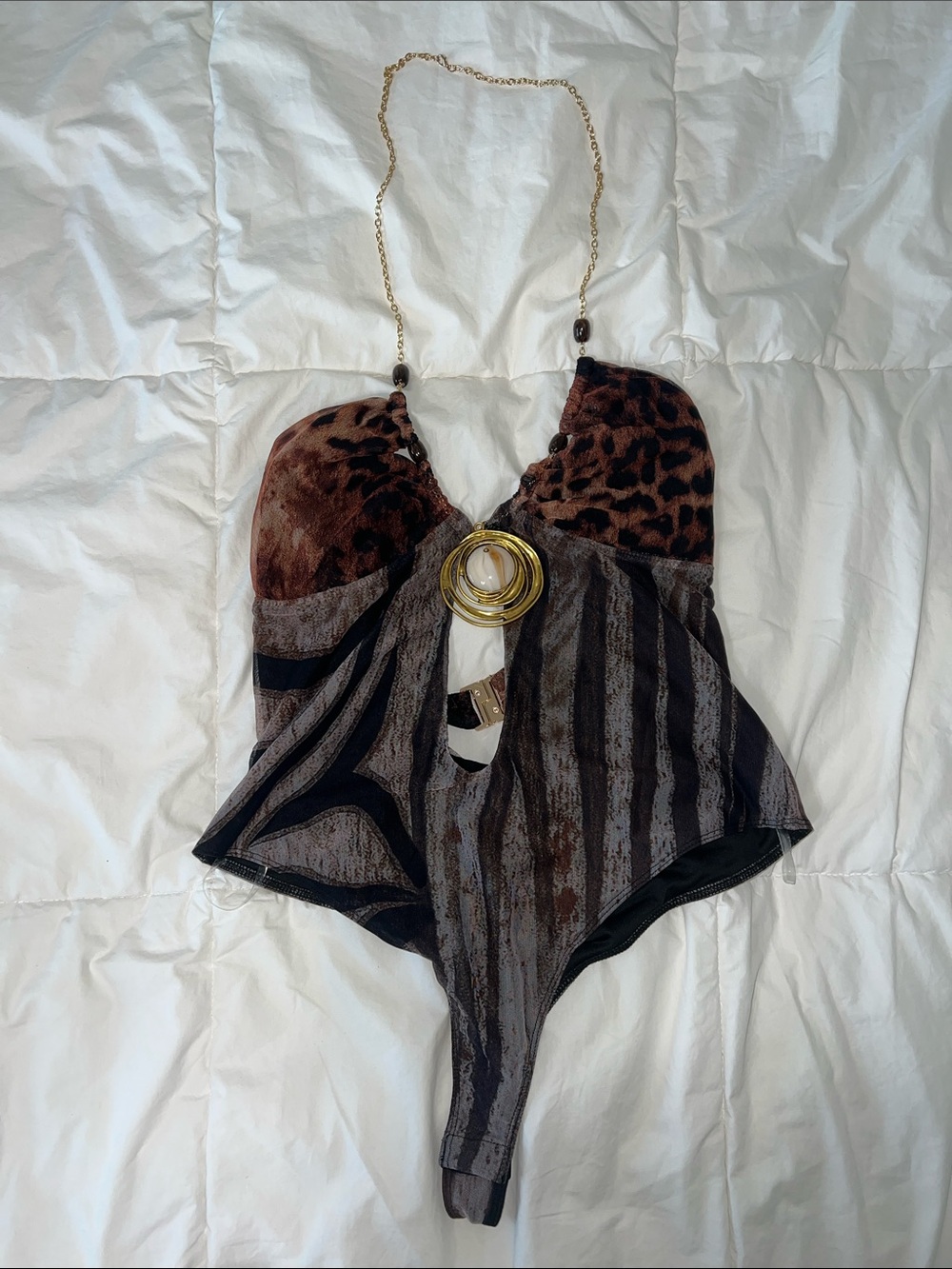 Leopard & Brown Printed Chain-Detail Bodysuit